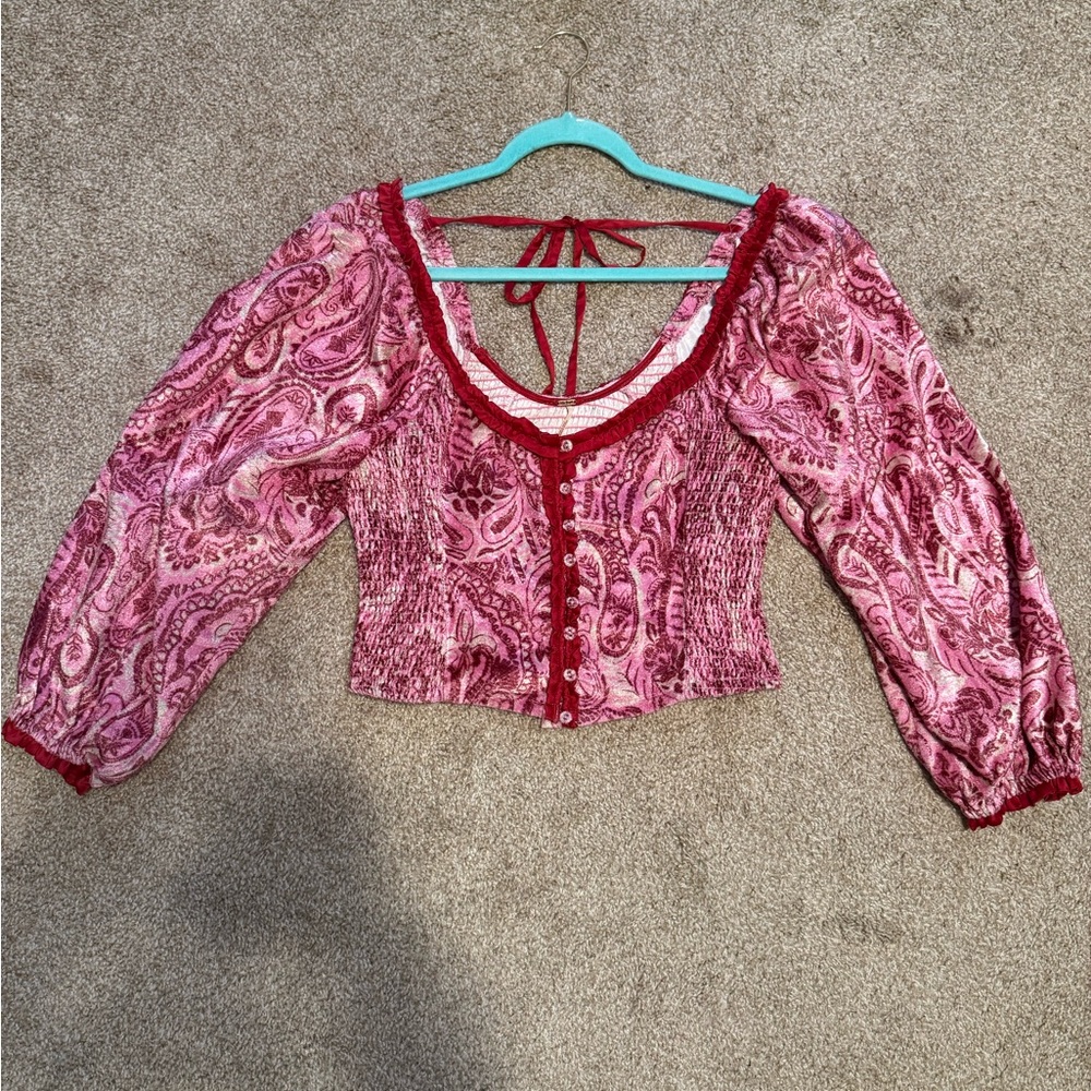 Free People, Dare Me Velvet Pink Paisley Top, Sz Medium